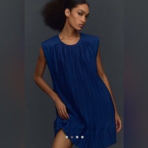 Anthropologie Vibrant Blue Cap Sleeve Plissé Accordian Mini Dress Size Medium